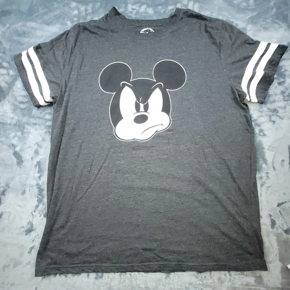 Disney Mickey Mouse Grumpy Face Graphic T-Shirt Mens 3X Gray Varsity Striped